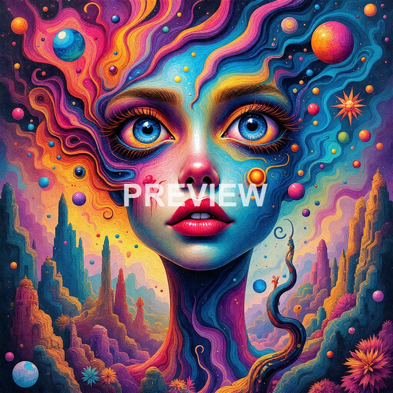 A surreal, colorful digital painting of a woman's face with bright blue eyes, vibrant makeup, and flowing hair that morphs into a cosmic scene with planets, stars, and abstract shapes in a fantasy landscape.